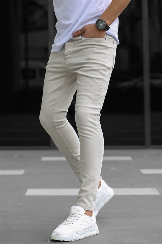 Erkek Açık Bej Kanvas Slim Fit Pantolon-madmext