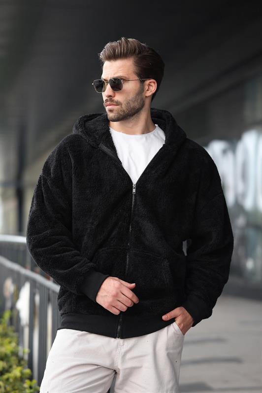 Black Fur Over Fit Zip Hoodie Sweatshirt -- Madmext