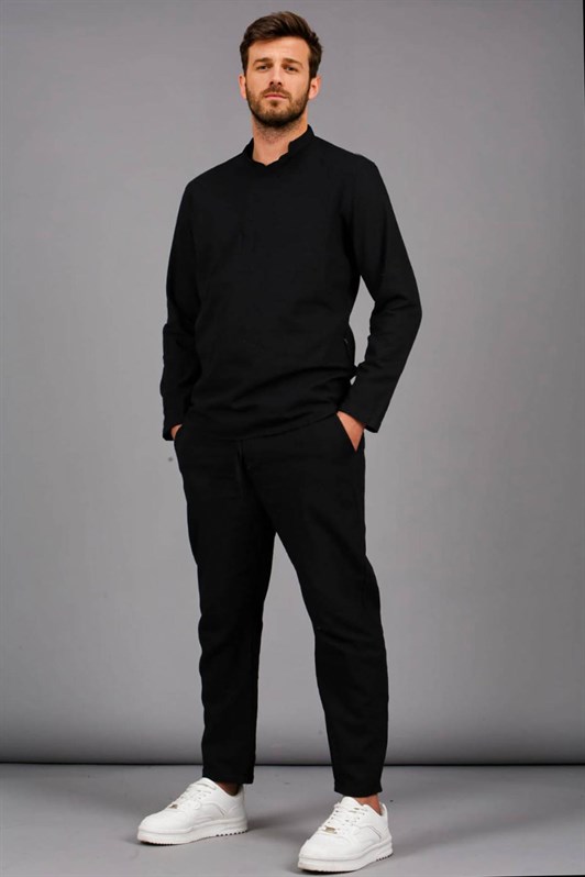 Erkek Siyah Keten Relaxed Fit Gömlek Pantolon Takımı- Madmext