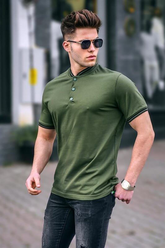 Men Khaki Green Polo T-Shirt -- Madmext