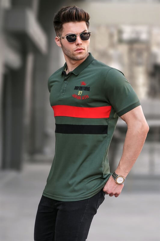 Men Embroided Khaki Green Polo T-Shirt -- Madmext