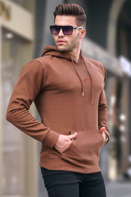 Kahverengi Kapüşonlu Basic Sweatshirt 6014
