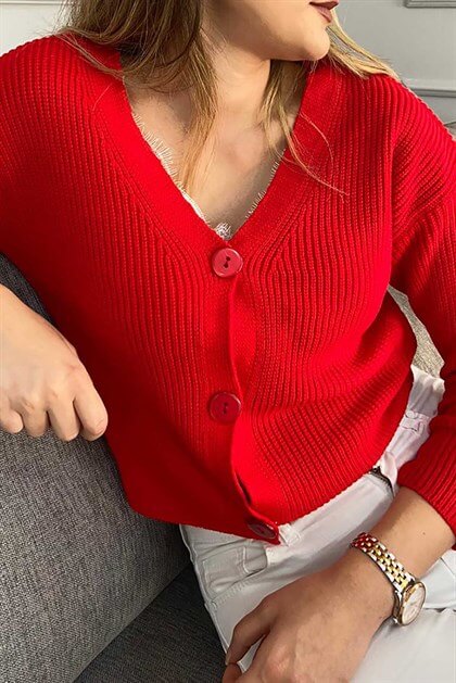 Mad Girls Red Buttoned Women Cardigan MG787