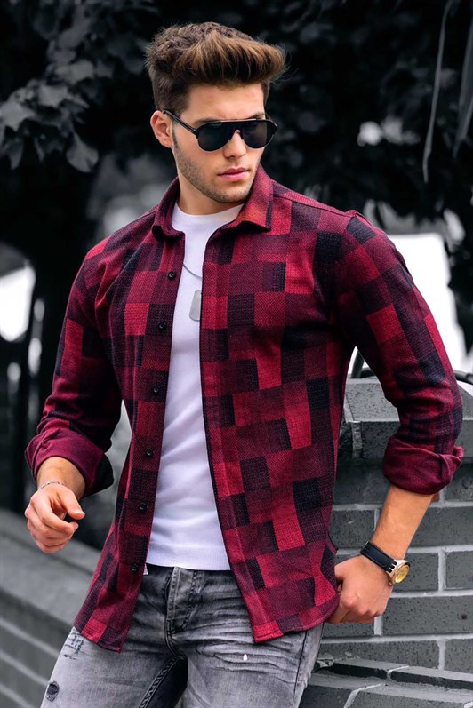 Madmext Claret Red Checked Shirt 9308