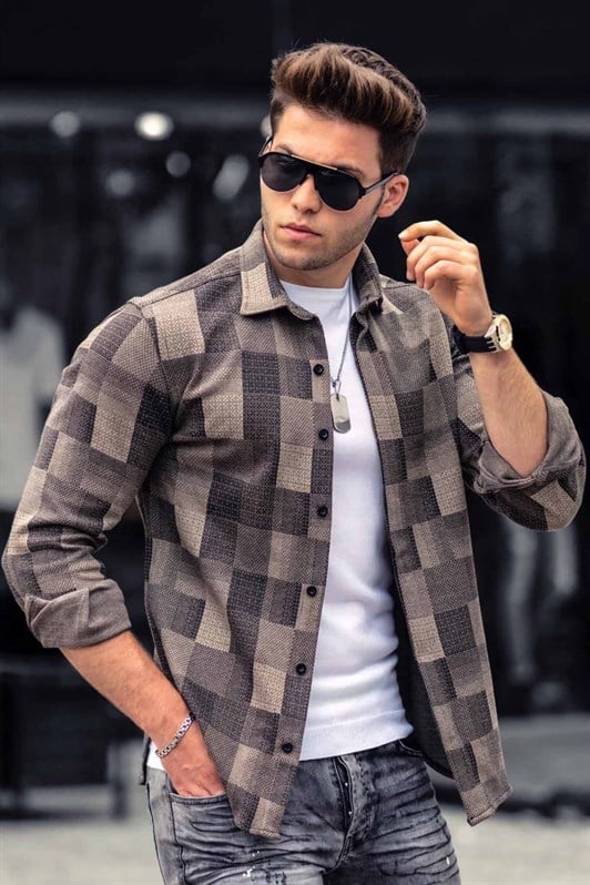 Madmext Camel Checked Shirt 9308