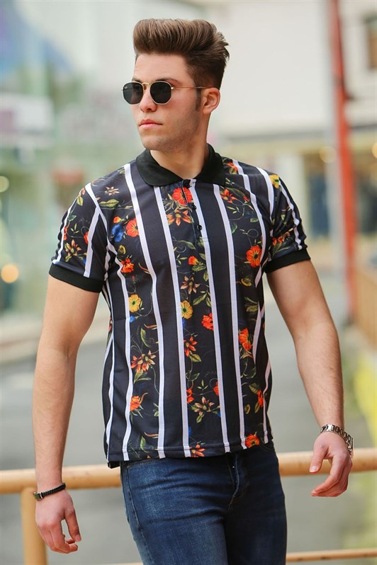 Madmext Black Printed Polo Shirt for Men 2884