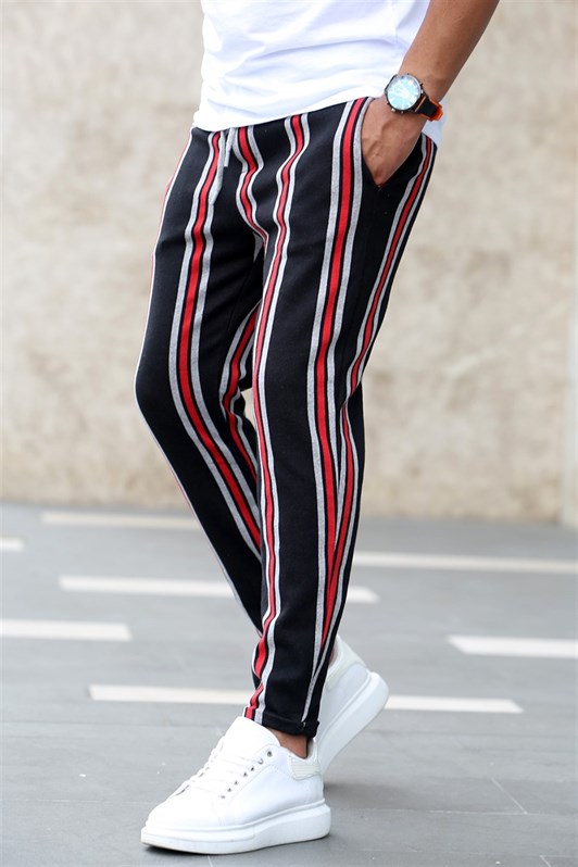 Madmext Black-Claret Red Striped Sweatpants 4086