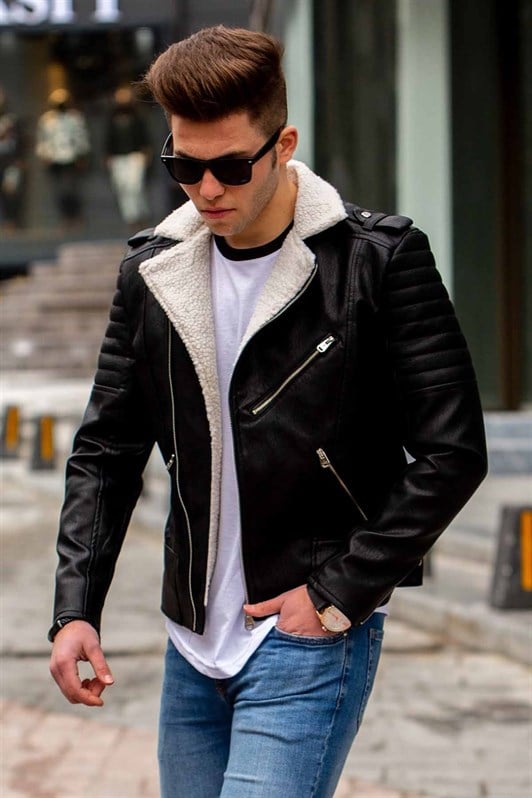 Madmext Black Plush Leather Jacket 9067