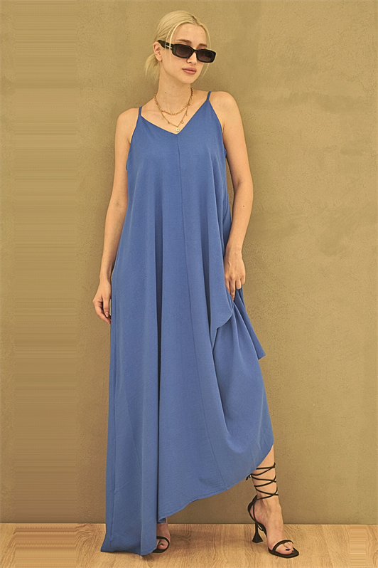 Mavi İnce Askılı Geniş Kesim elbise - Madmext