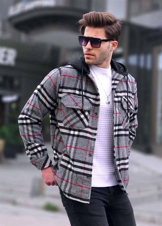 Blue Checkered Hoodie Plaid Shirt -- Madmext