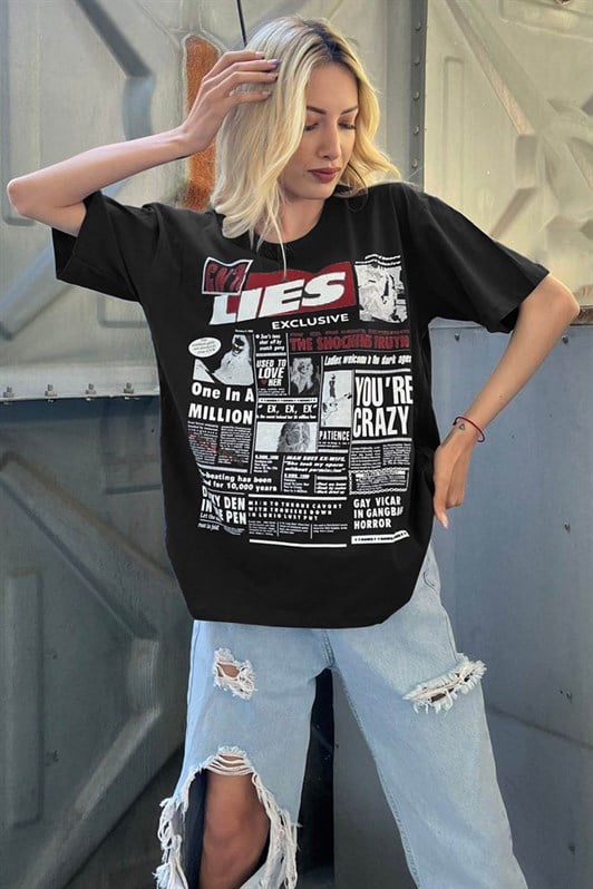 Women Printed Black Over Fit T-Shirt MG1506