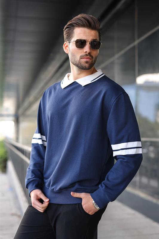 Lacivert Polo Yaka Oversize Kolu Şeritli Erkek Sweatshirt 7048