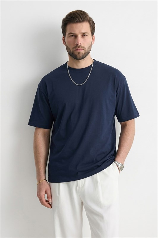 Erkek Lacivert Oversize Fit Basic Tişört 6066- Madmext