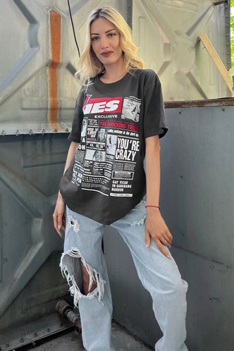 Women Printed Anthracite Over Fit T-Shirt MG1506