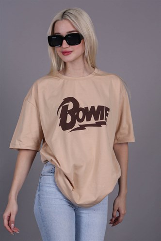 Women Printed Beige Over Fit T-Shirt MG1514