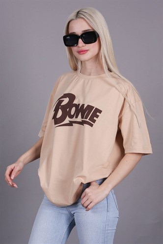 Women Printed Beige Over Fit T-Shirt MG1514