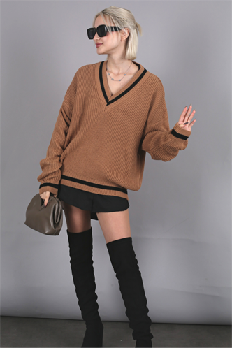 Women Camel Knitted V Neck Sweater MG1373
