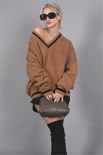 Women Camel Knitted V Neck Sweater MG1373