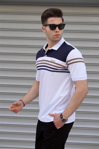 Men Striped White Polo T-Shirt -- Madmext