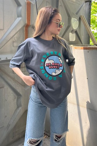 Women Printed Oversize Smoke Gray T-Shirt 