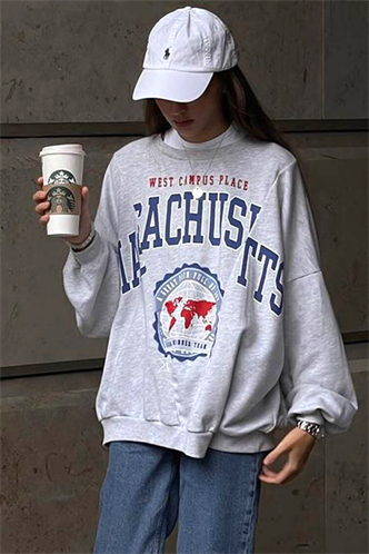 Karmelanj Bisiklet Yaka Baskılı Oversize Kadın Sweatshirt MG1588