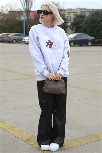 Gri Bisiklet Yaka Baskılı Sweatshirt MG1572
