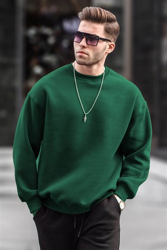 Koyu Yeşil Bisiklet Yaka Oversize Şardonlu Basic Erkek Sweatshirt - Madmext