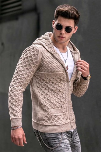 Madmext Beige Knitting Hooded Cardigan 9300