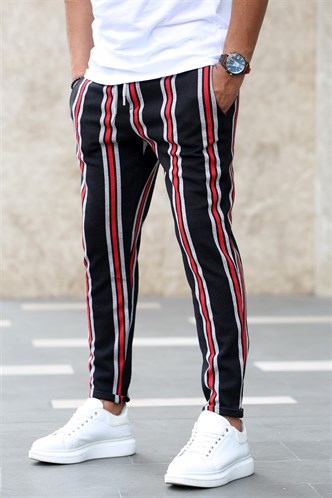 Madmext Black-Claret Red Striped Sweatpants 4086