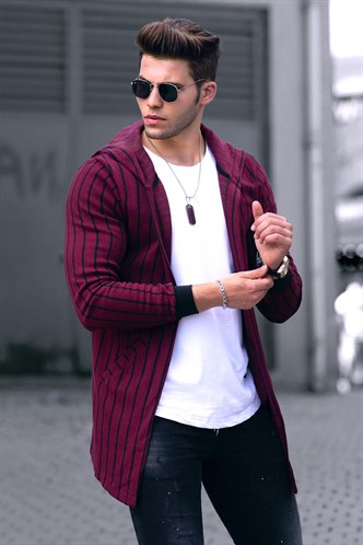 Madmext Claret Red Striped Cardigan with Hooded 4128