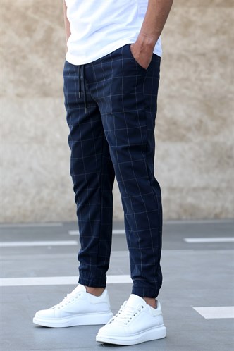 Madmext Navy Blue Checked Trousers Mad4081