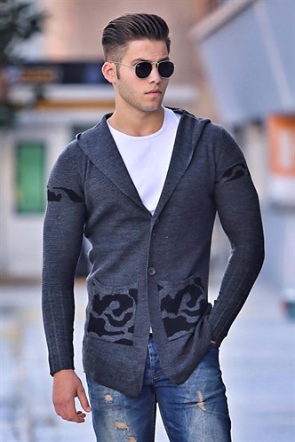Madmext Dark Grey Patterned Cardigan with Hooded 2123
