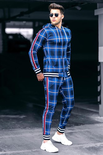 Madmext Navy Blue Hooded Checkered Men Tracksuit Set 4738
