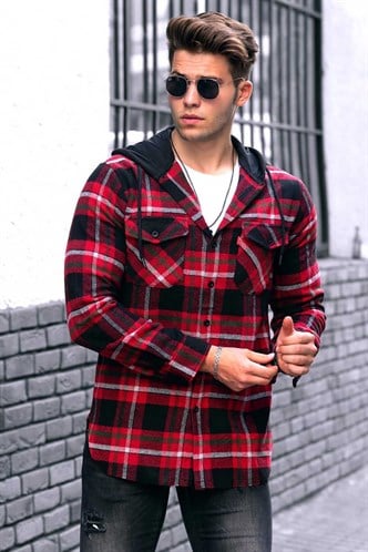 Madmext Red Checkered Hooded Men Shirt 4906