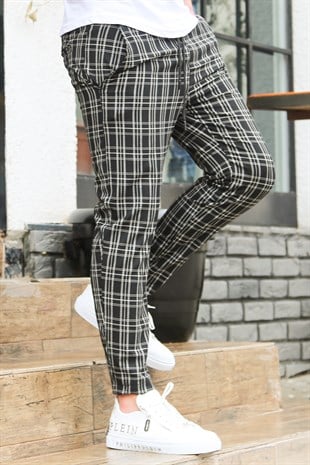 Madmext Slim Fit Jogger Ekoseli Siyah Pantolon 4035