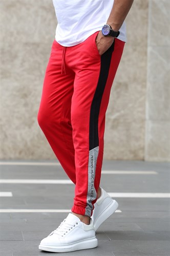 Red sweatpants white on sale stripe