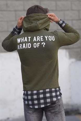 Madmext Yırtma Desenli Haki Kapşonlu Sweatshirt 2102