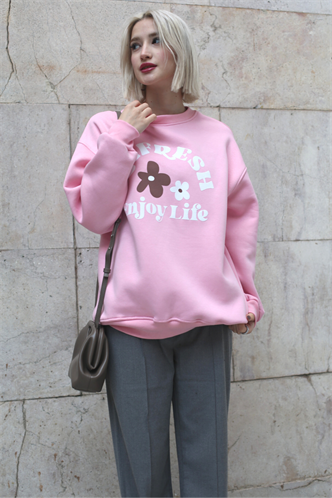 Pembe Bisiklet Yaka Baskılı Sweatshirt MG1572