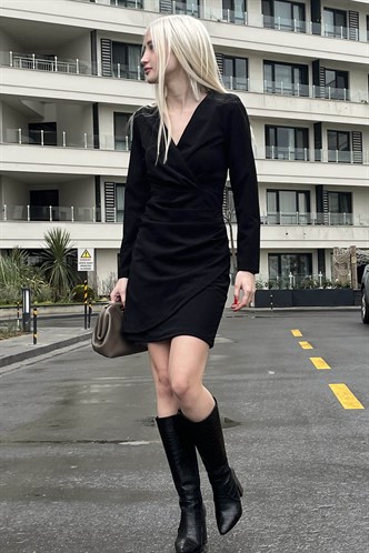 Siyah Kruvaze Yaka Bağlama Detaylı Kadın Elbise MG1629