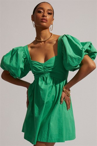Yeşil Kalp Yaka Balon Kol Kadın Elbise MG1620