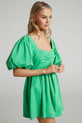 Yeşil Kalp Yaka Balon Kol Kadın Elbise MG1620