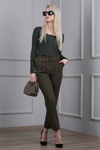 Yeşil Kemerli Boru Paça Kadın Kumaş Pantolon MG1639