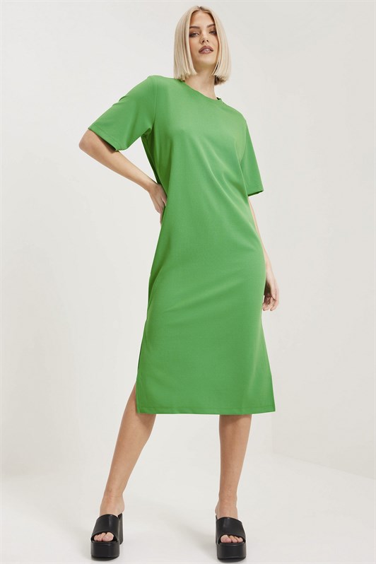 Yeşil Kısa Kol Uzun Yırtmaçlı Basic Elbise - Madmext