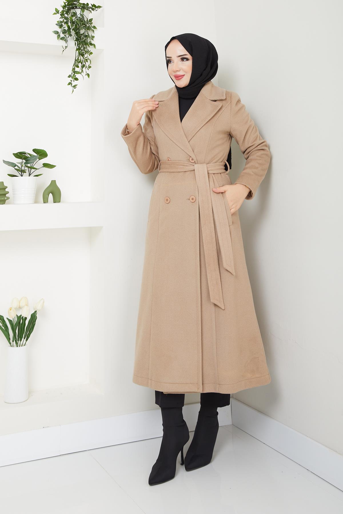 Doque Kışlık Kadın Kaşe Kaban Çift Düğme Spor Model 125cm Araboy 57022