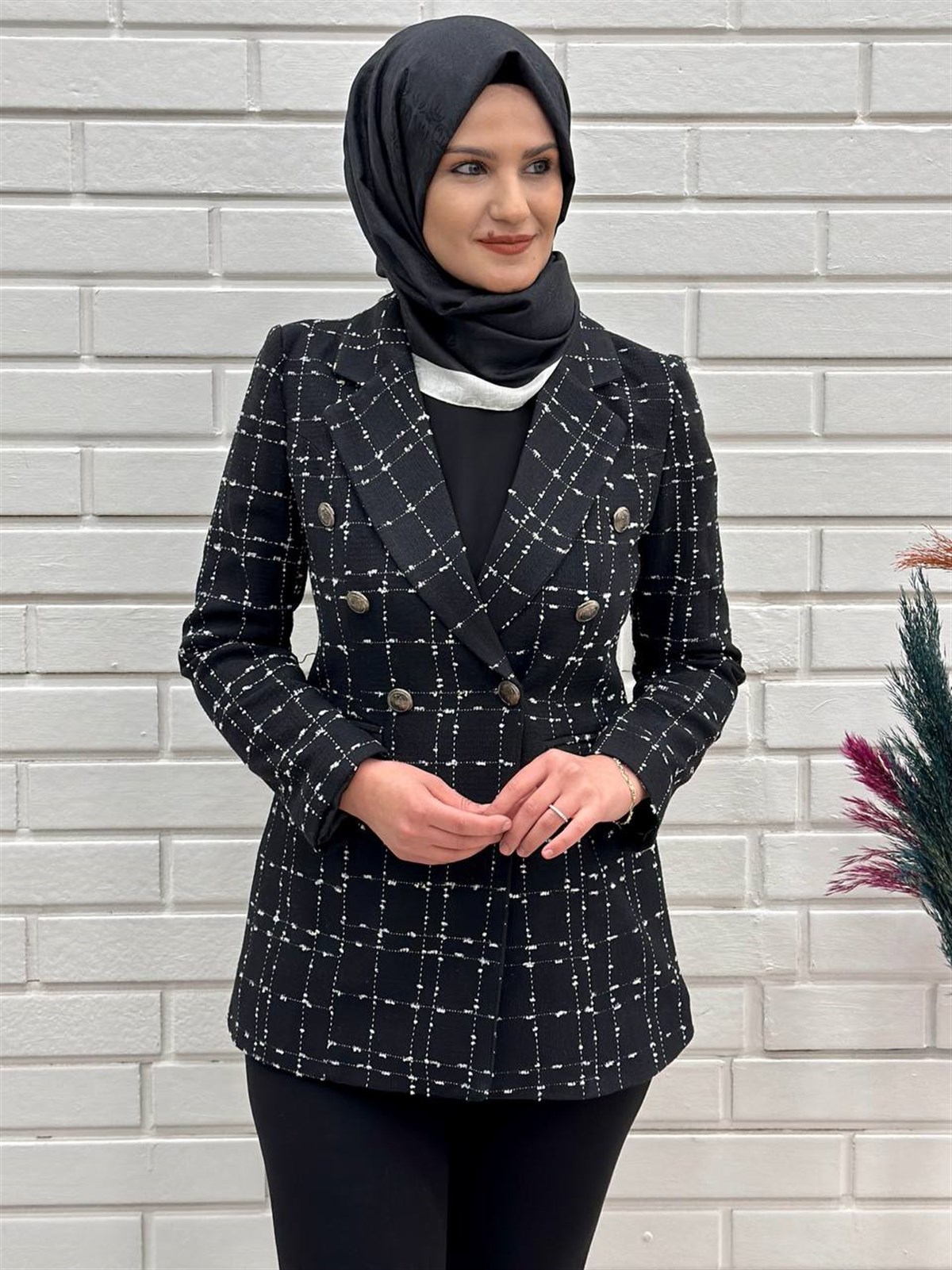 Siyah Ekose Desen Kadın Blazer Ceket 4663