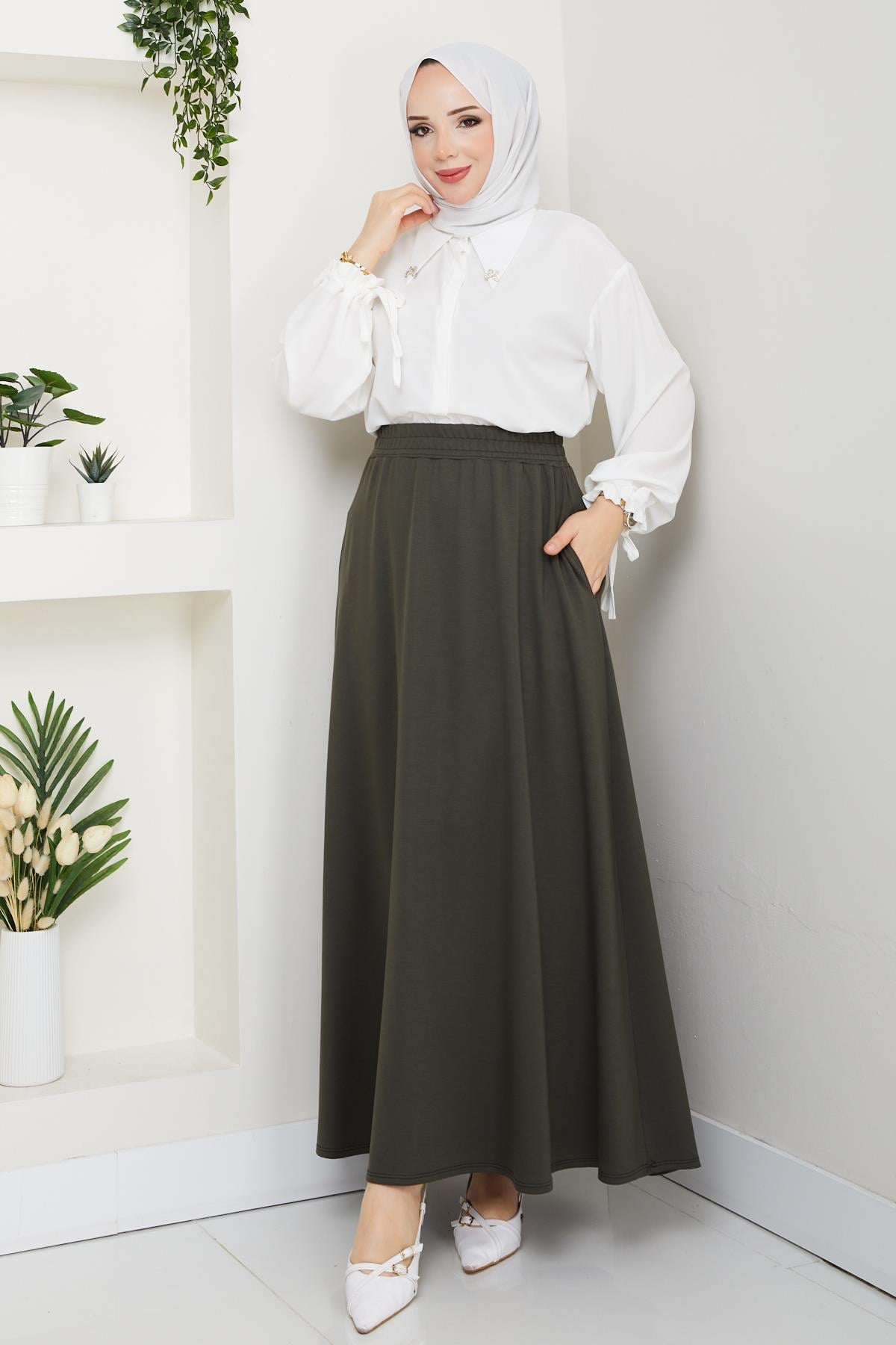 Günay Karaca Haki Oysho Kumaş Kadın Etek Beli Lastikli 38 40 42 44 46 48 Bedenlere Uyumludur.
