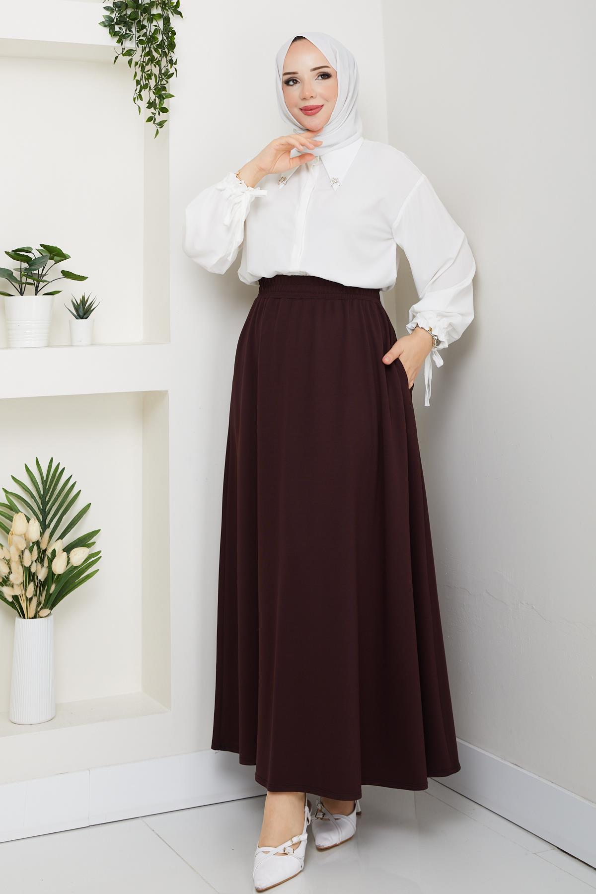 Günay Karaca Kahve Oysho Kumaş Kadın Etek Beli Lastikli 38 40 42 44 46 48 Bedenlere Uyumludur.