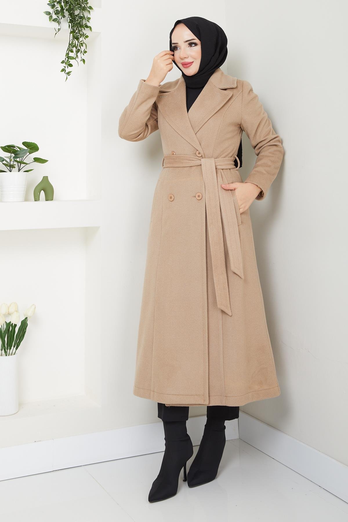Doque Kışlık Kadın Kaşe Kaban Çift Düğme Spor Model 125cm Araboy 57022