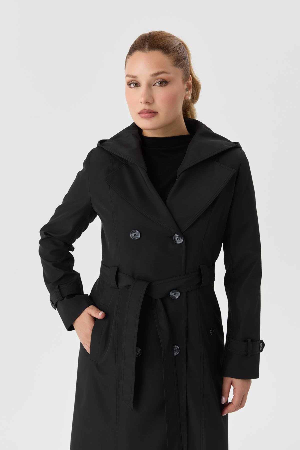 Doque Kadın Trençkot Çift Düğme İçi Kürkü Astarlı Mevsimlik Kışlık Genç Spor Siyah 60040