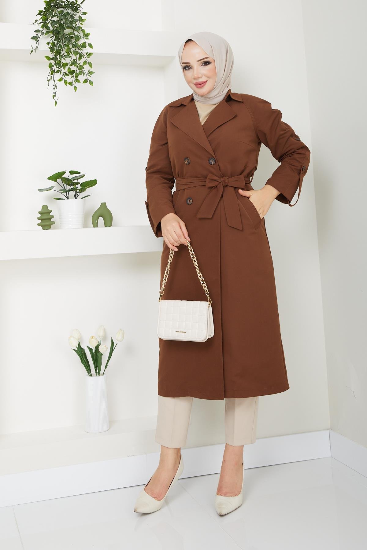 Günay Karaca Tesettür Mevsimlik Kışlık Kadın Trençkot İçi Kürklü Astarlı 20245